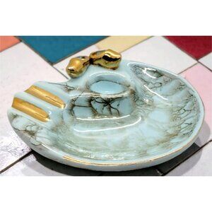 Handpainted Vintage Delft Holland Light Blue, Gold Marbled Ashtray MCM Mod Retro
